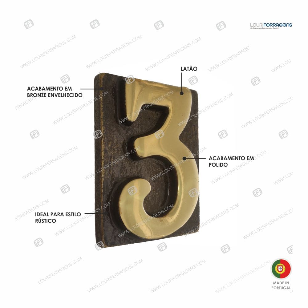 Número Porta 3 Estilo Rústico Bronze Envelhecido